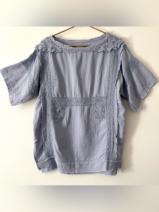 We The Free Tops - We the Free Rustic Romance Boho Short Sleeve Lace Top in Dusty Blue Oversized M
